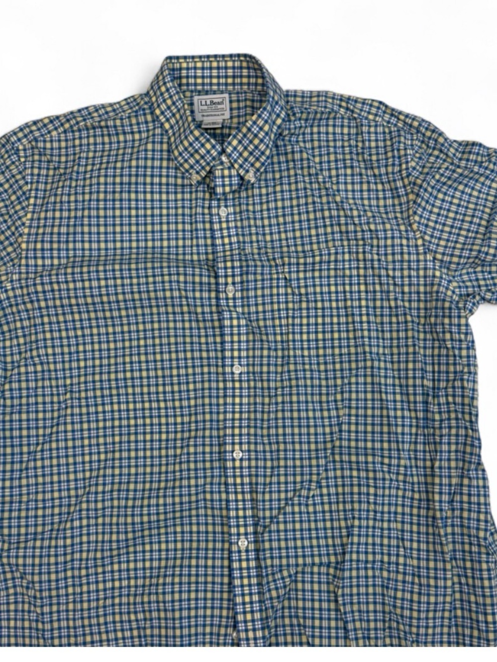 L.L. Bean Men’s Green and Blue Plaid Short-Sleeve Button-Down Shirt
